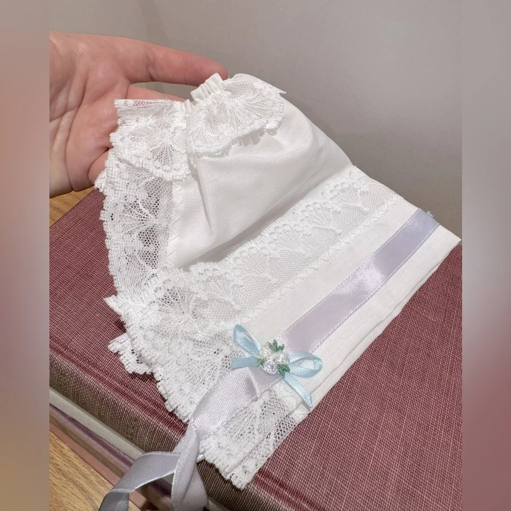 White Lace Baby Bonnet with Blue Accents